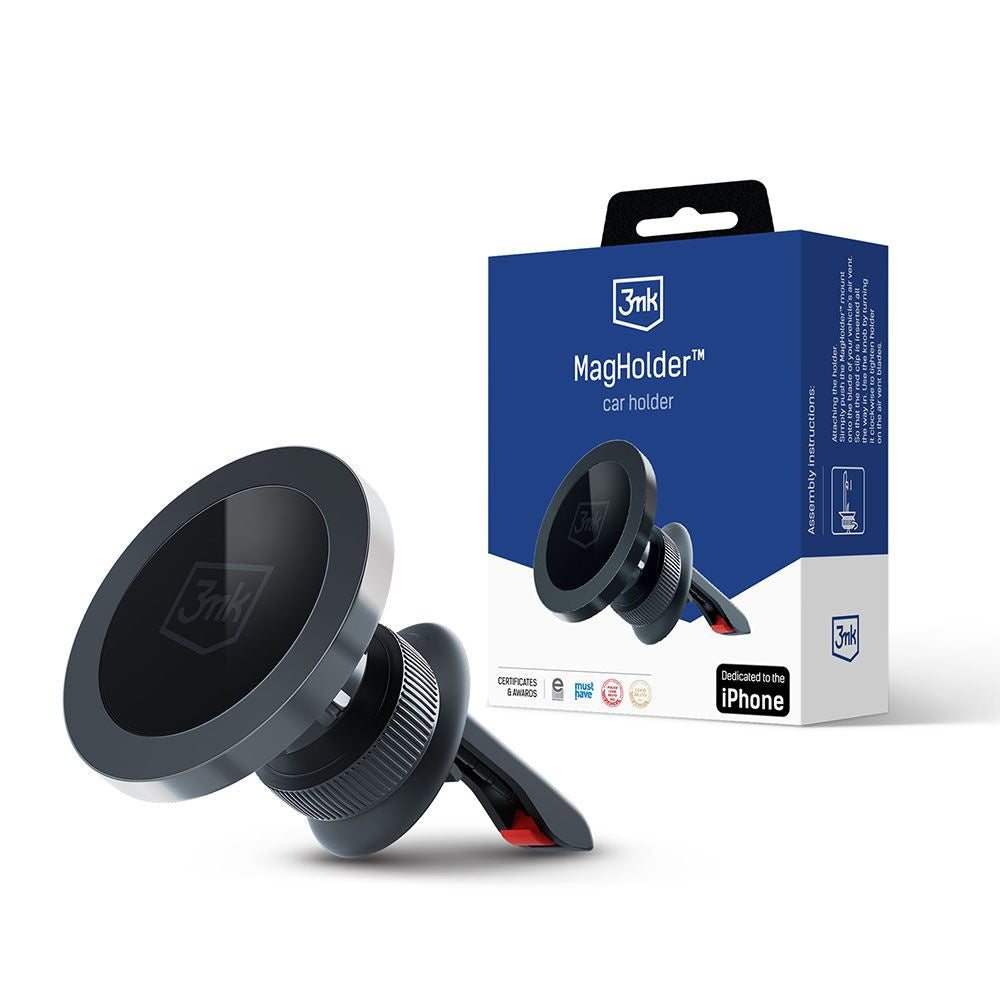 3mk - Magnetic Car Holder MagHolder - for Air Vent, iPhone, MagSafe Technology, 16 Magnets - Black