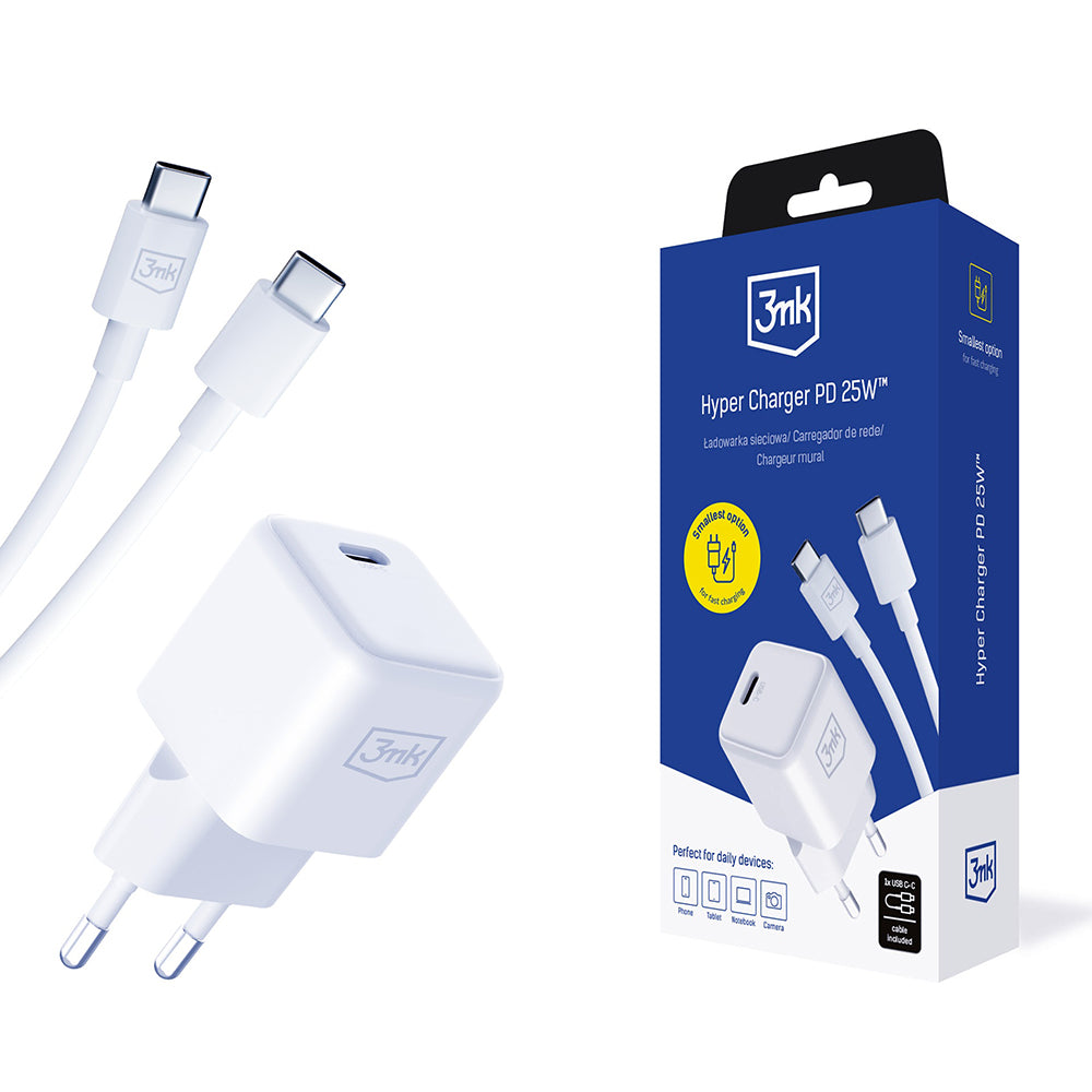 3mk - Wall Charger Hyper - USB-C Cable Included, Type-C Port, PD25W, GaN Technology - White