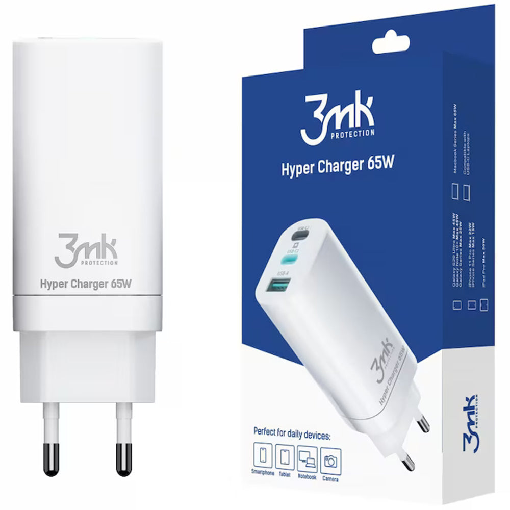 3mk - Wall Charger Hyper - 2x Type-C, 1x USB-A, GaN Technology, Quick Charge, 65W - White