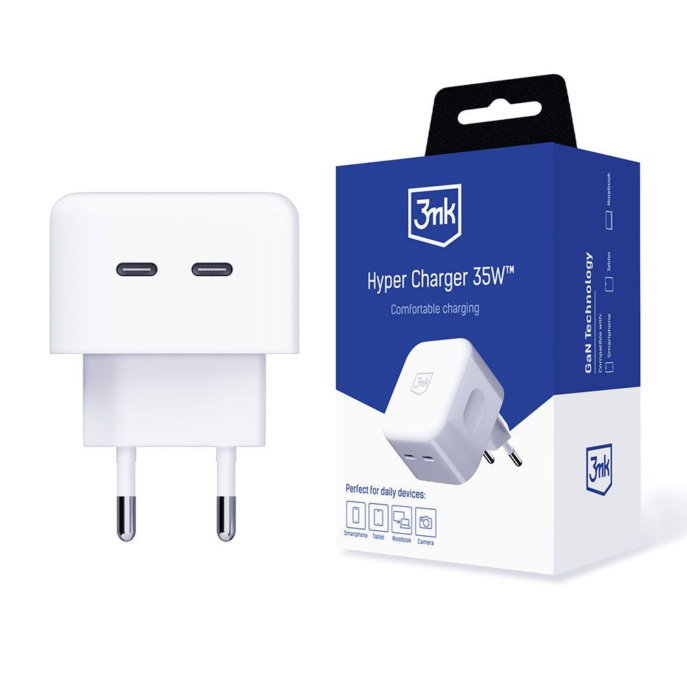3mk - Wall Charger Hyper - 2x USB-C, 35W, 90Â° Charger Input, Compact Design - White