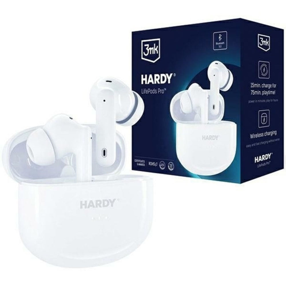 3mk - Wireless Headphones HARDY LifePods Pro - Bluetooth V5.3, ANC Technology, 300mAh, Wireless Charging - White