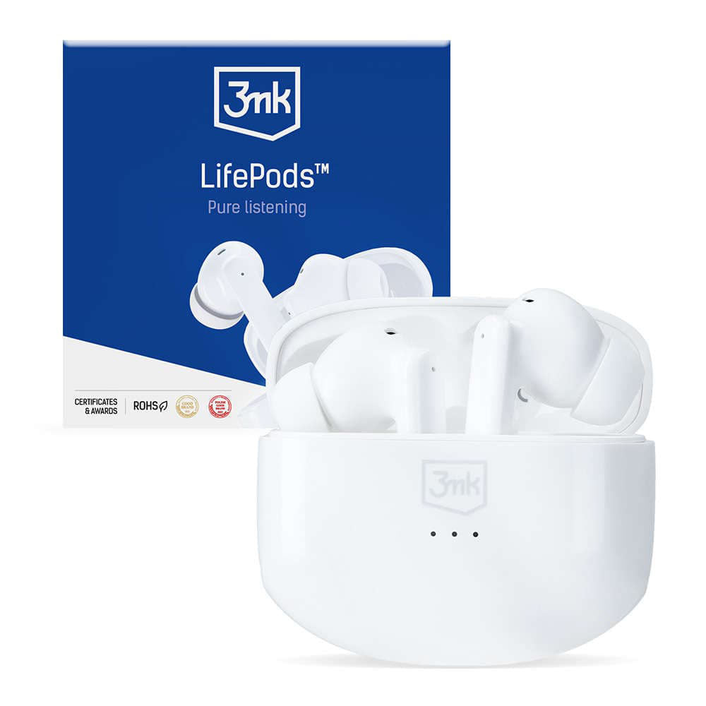 3mk - Wireless Earphone Headphones LifePods - Bluetooth V5.3, ANC Technology, Touch Control - White