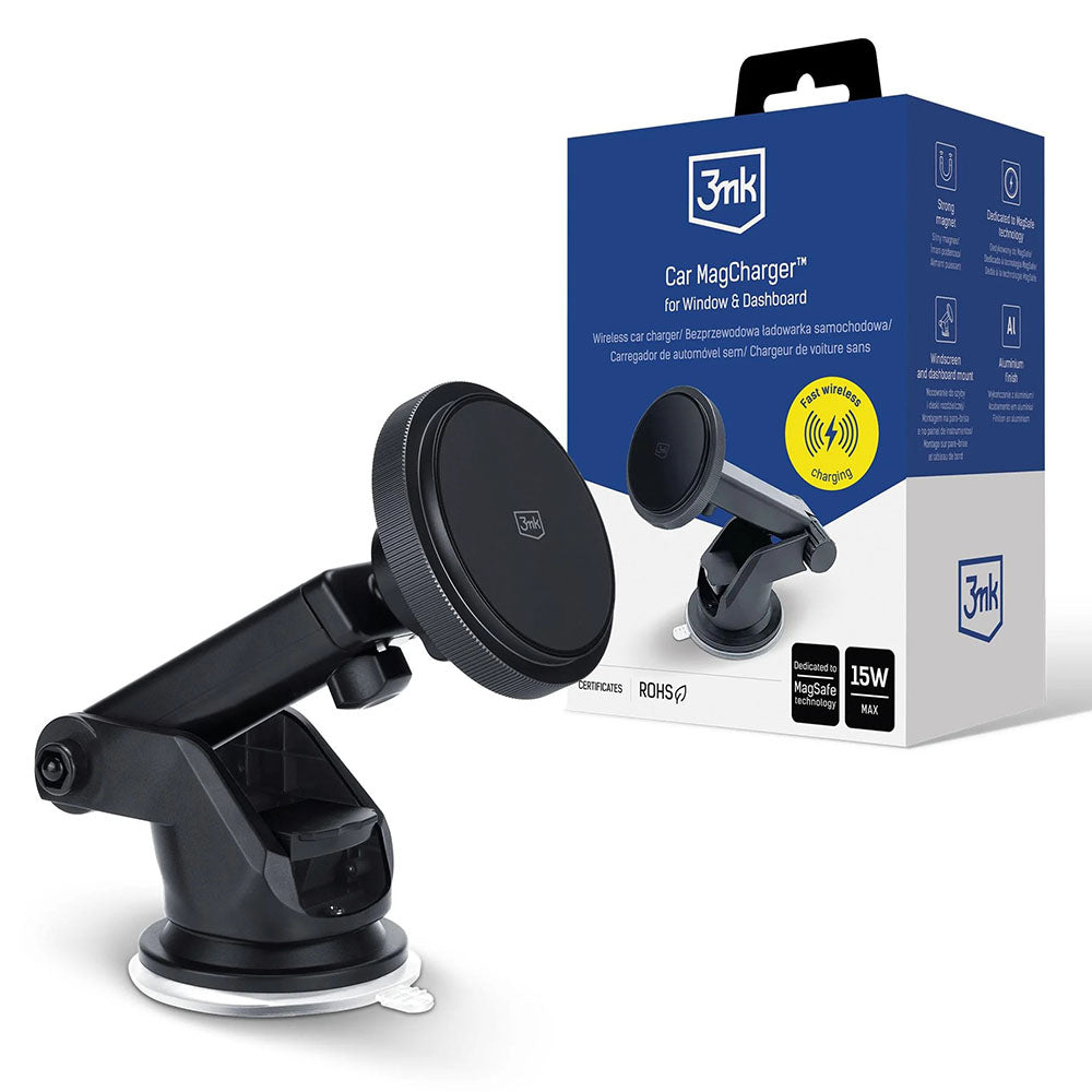 3mk - Car Holder with Wireless Charging MagCharger - for Windshield/Dashboard, MagSafe Technology, 15W - Black