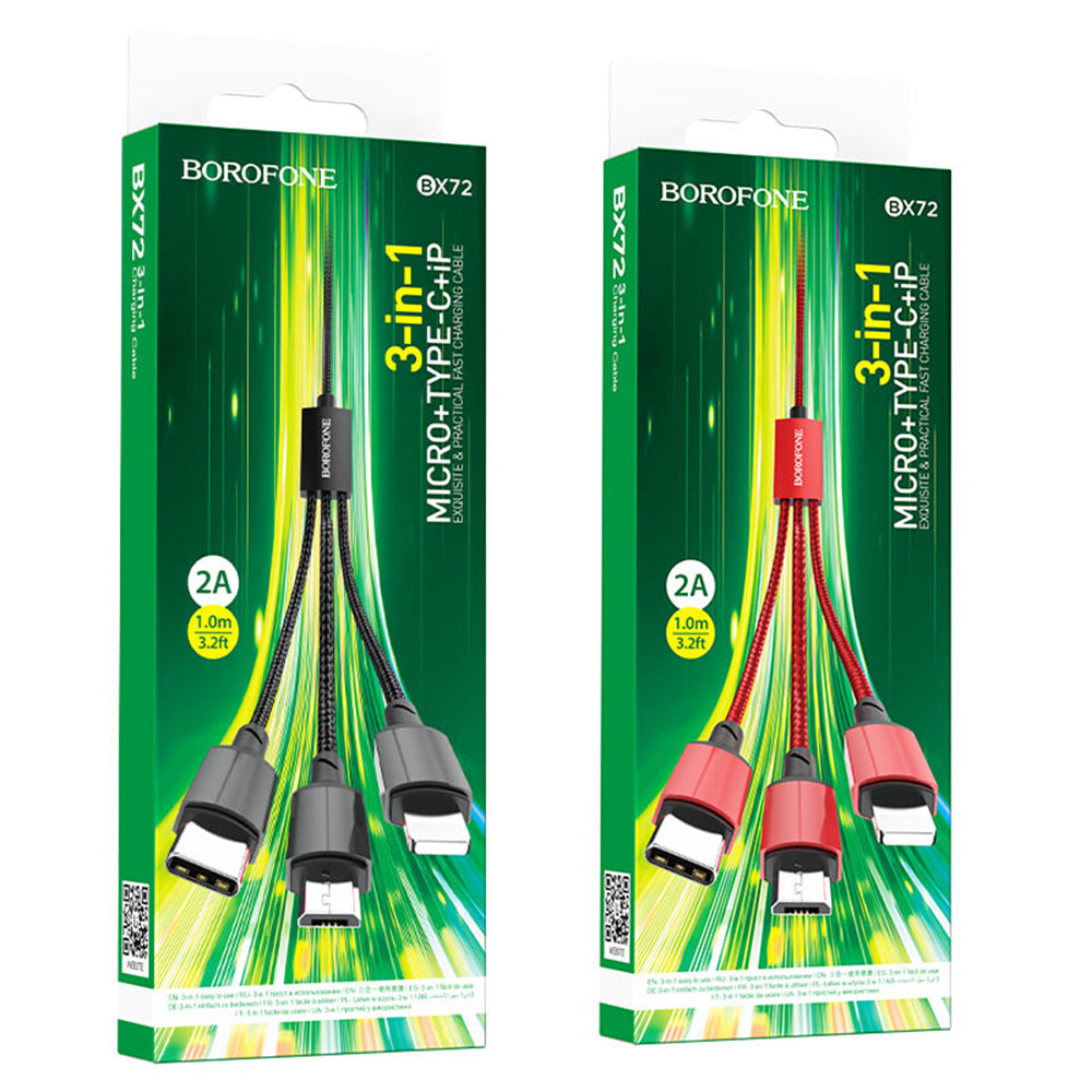 Borofone - Data Cable (BX72 3-in-1) - USB-A to Micro-USB, Type-C, Lightning, Universal, 2A, 1m - Black