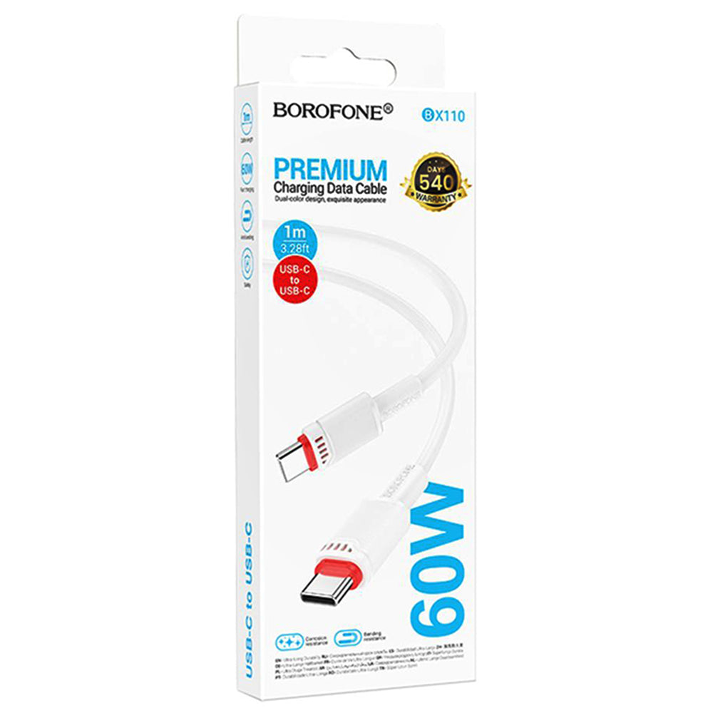 Borofone - Data Cable Beneficio Series (BX110) - Premium Line, Type-C to Type-C, High-quality, Fast Charging, 60W, 1m - White