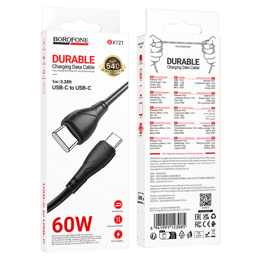 Borofone - Data Cable Energy Series (BX121) - Type-C to Type-C, PVC, 3A, PD 60W, 1m - Black