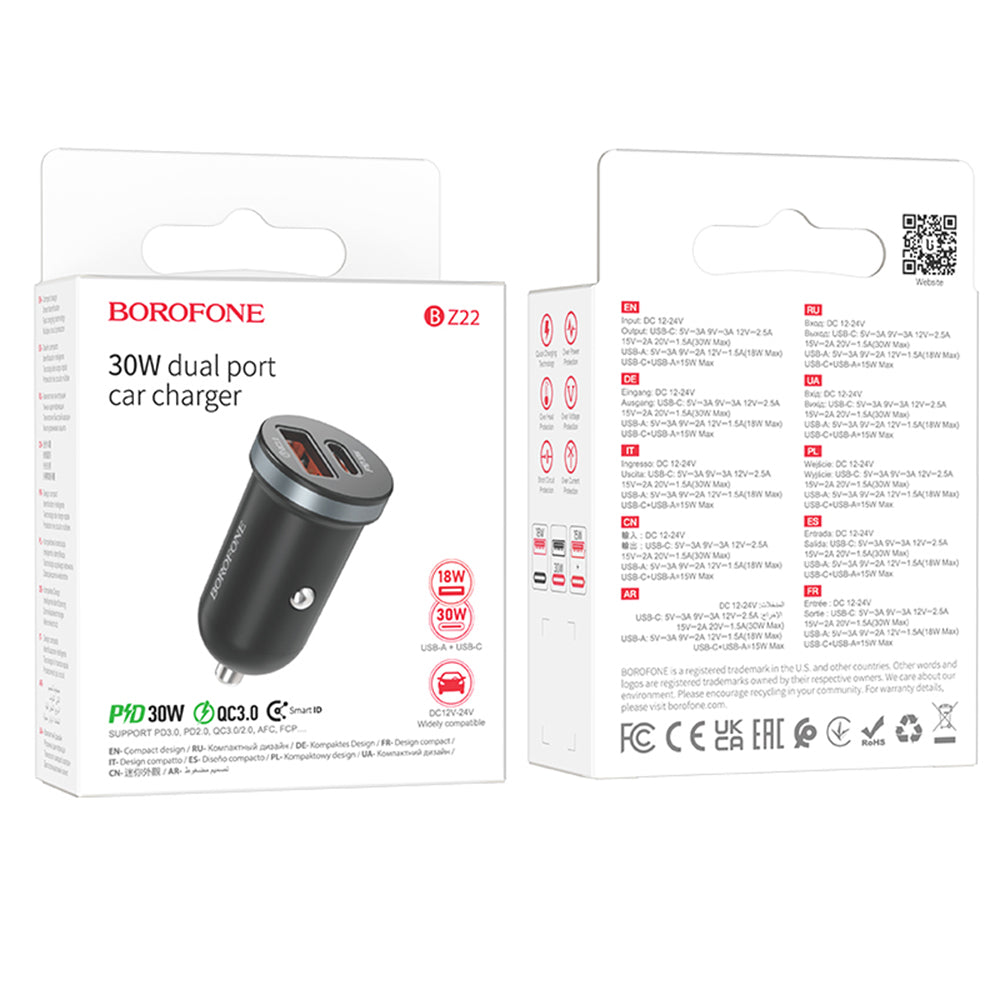 Borofone - Car Charger Scenery (BZ22) - USB, Type-C, Fast Charge, Dual Port, PD30W, QC3.0, PC, Aluminum - Black