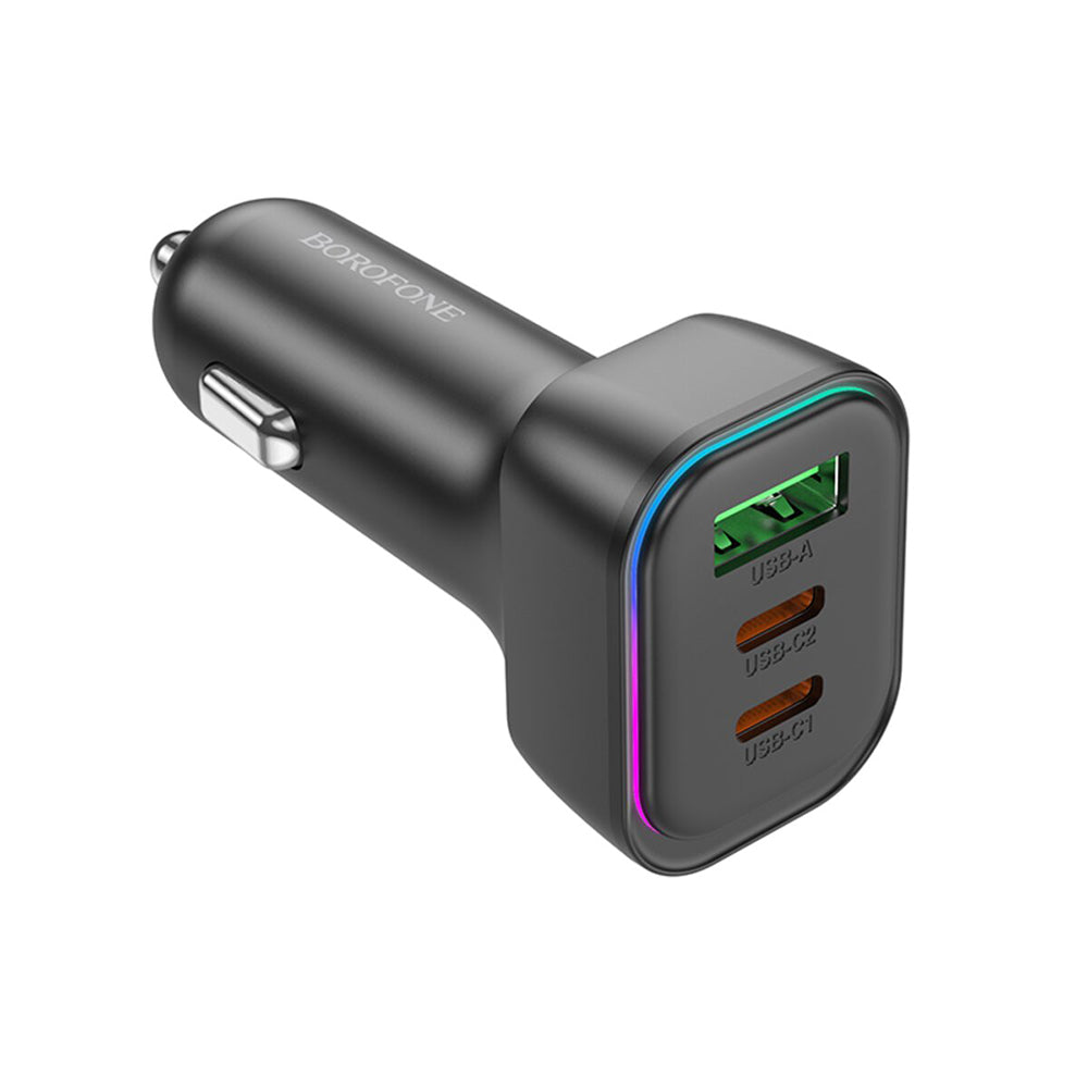 Borofone - Car Charger Trophie (BZ28C) - 1x USB, 2x Type-C, High Power, PD, PPS, QC3.0, FCP, AFC, 60W, RGB, 12-24V - Black