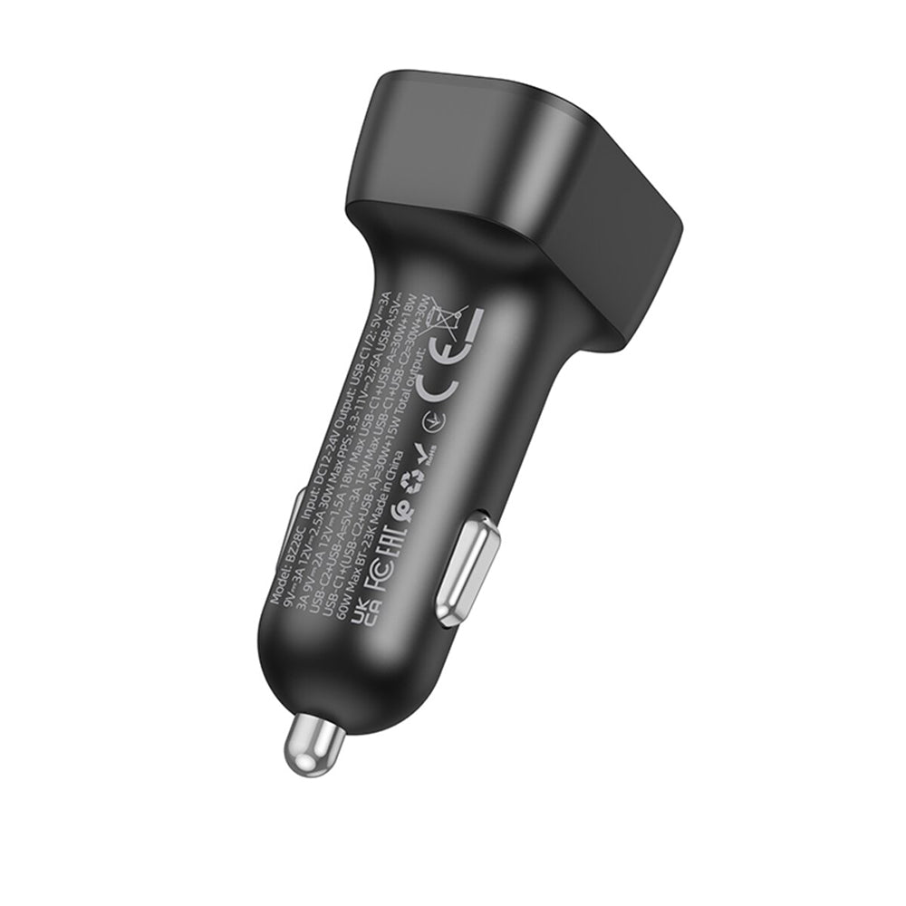Borofone - Car Charger Trophie (BZ28C) - 1x USB, 2x Type-C, High Power, PD, PPS, QC3.0, FCP, AFC, 60W, RGB, 12-24V - Black