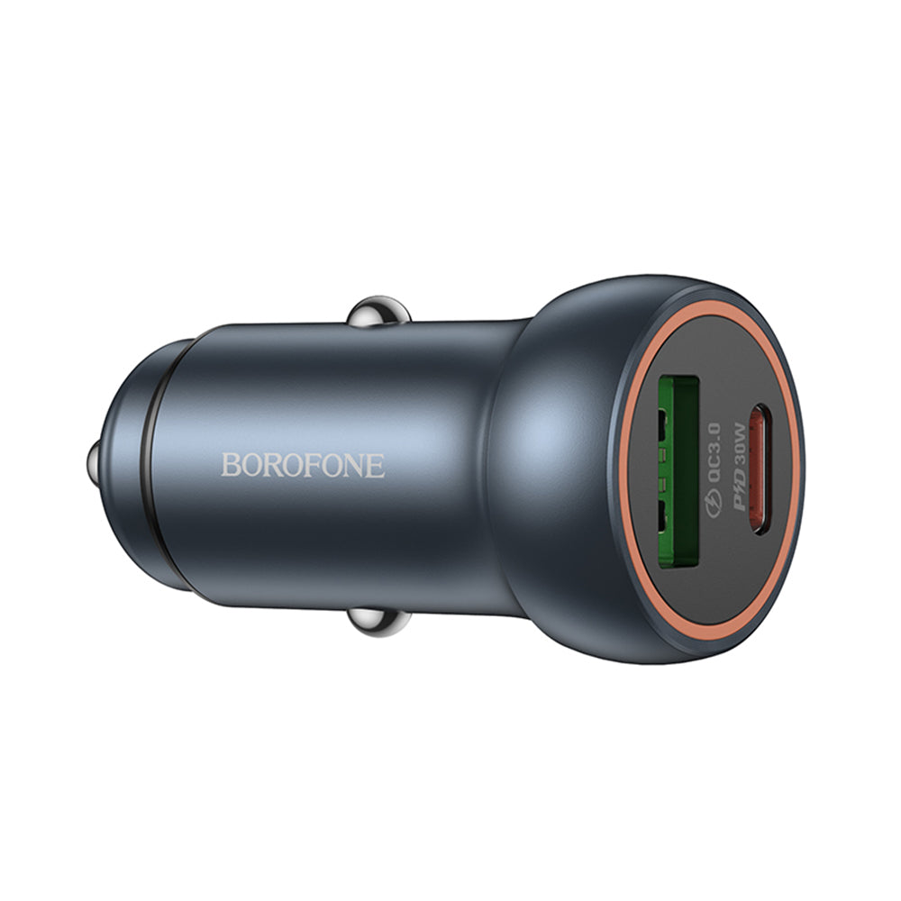 Borofone - Mini Car Charger Fresh (BZ32A) - Type-C, USB, Fast Charge, Dual Port, 30W (PD/QC), Aluminum Alloy - Metal Gray