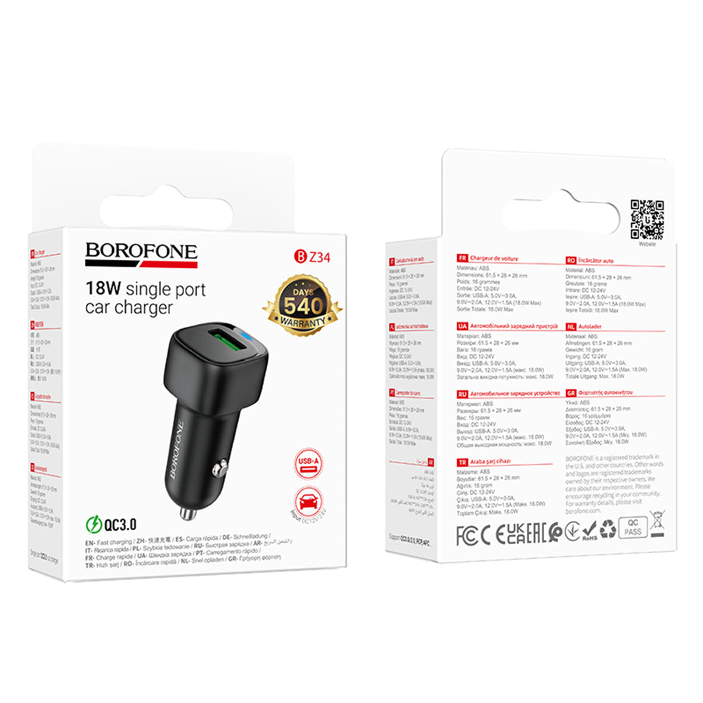Borofone - Car Charger Cloud (BZ34) - USB, Single Port, 18W (QC/FCP/AFC), ABS, for 12-24V - Black