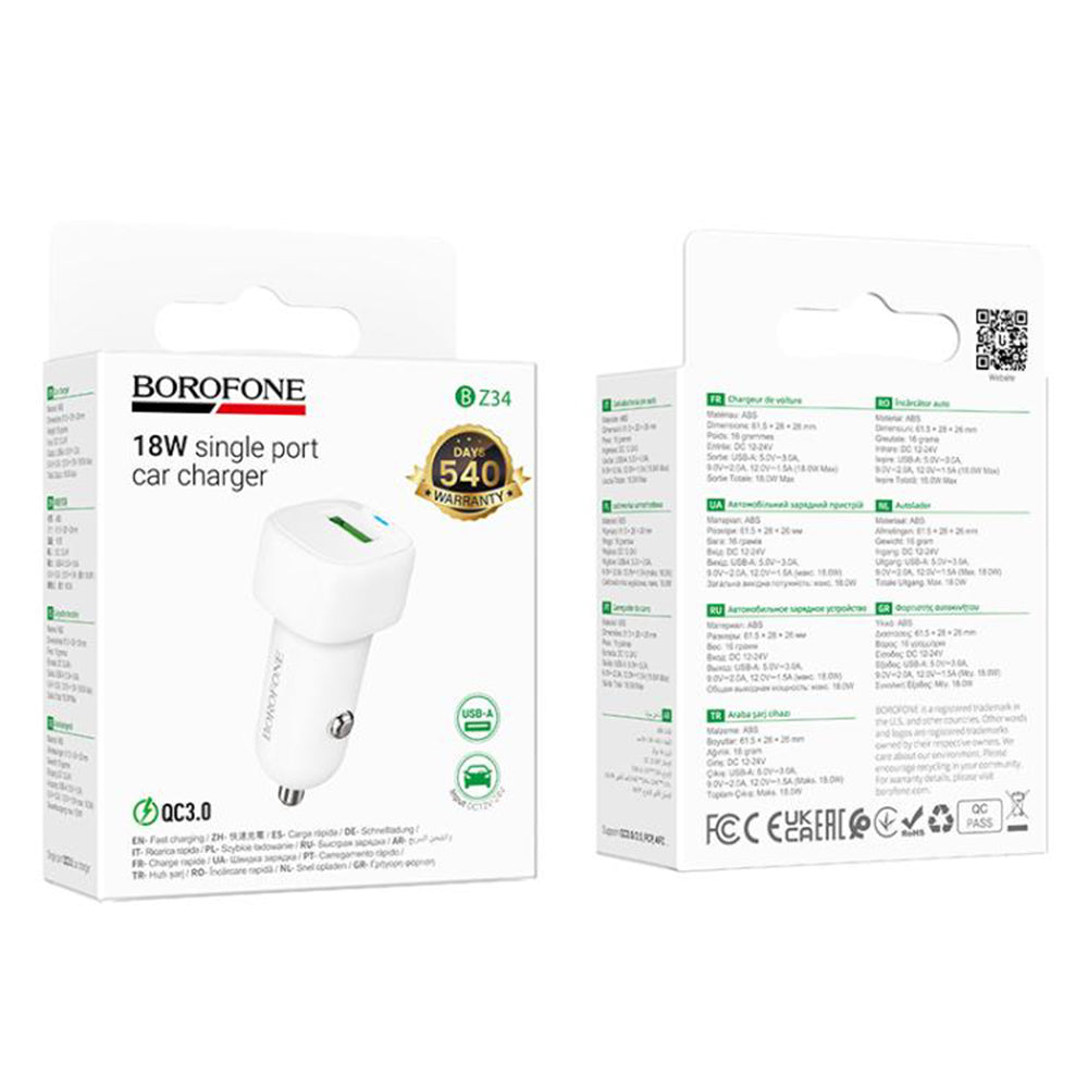Borofone - Car Charger Cloud (BZ34) - USB, Single Port, 18W (QC/FCP/AFC), ABS, for 12-24V - White