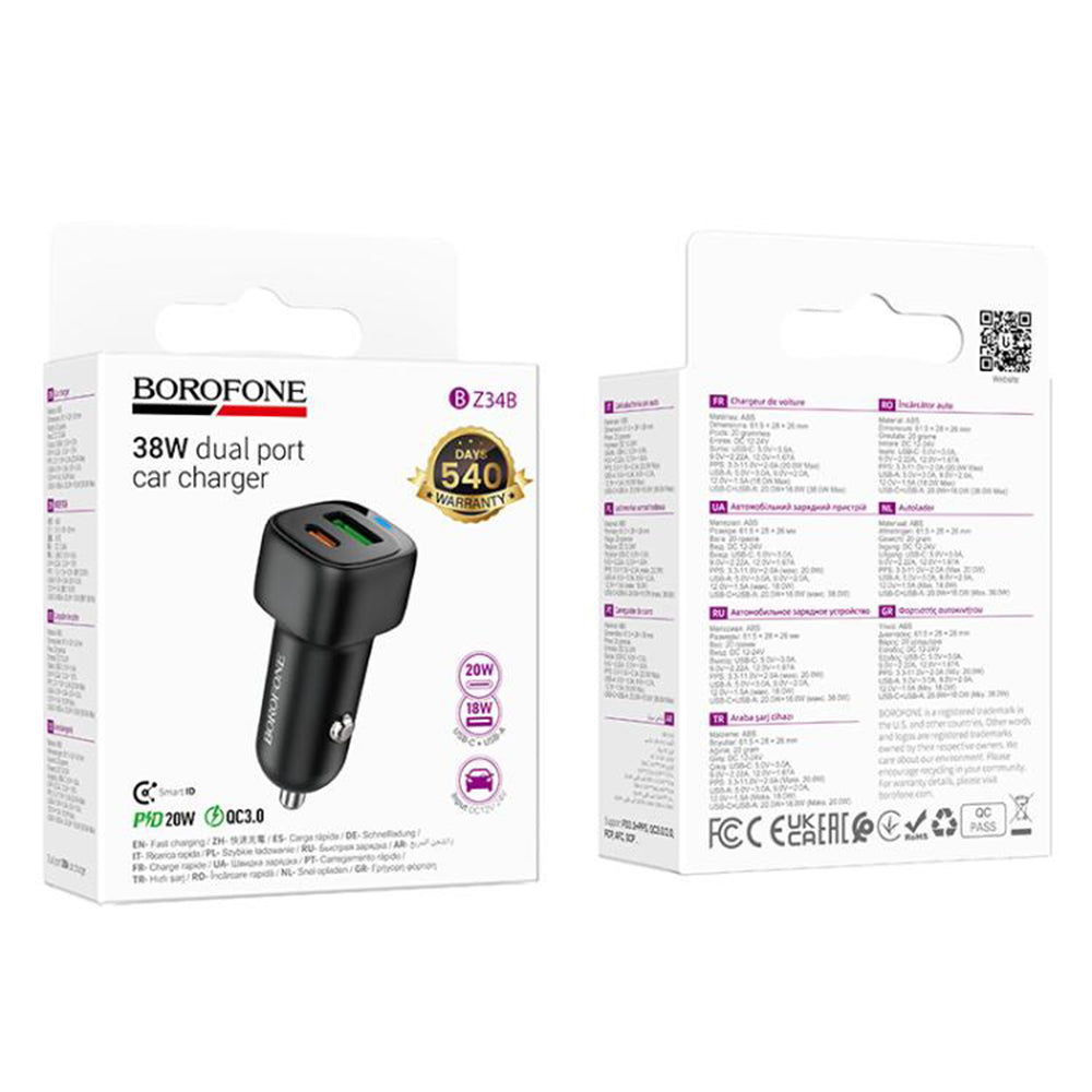 Borofone - Car Charger Cloud (BZ34B) - Type-C + USB-A, PD20W, QC3.0, Dual Port, 38W, ABS - Black