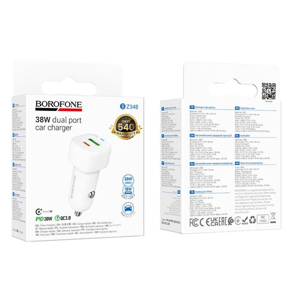 Borofone - Car Charger Cloud (BZ34B) - Type-C, USB, PD20W, QC3.0, Dual Port, 38W, ABS - White