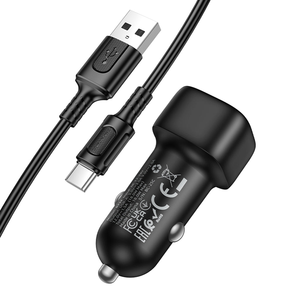 Borofone - Car Charger Cloud (BZ34) - USB-A/C Cable Included, Single Port USB-A, 18W (QC/FCP/AFC), ABS, for DC 12-24V - Black