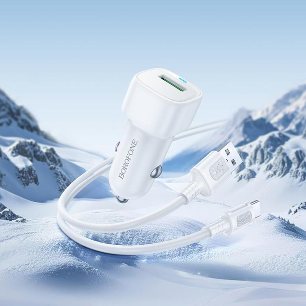 Borofone - Car Charger Cloud (BZ34) - USB-A/C Cable Included, Single Port USB-A, 18W (QC/FCP/AFC), ABS, for DC 12-24V - White