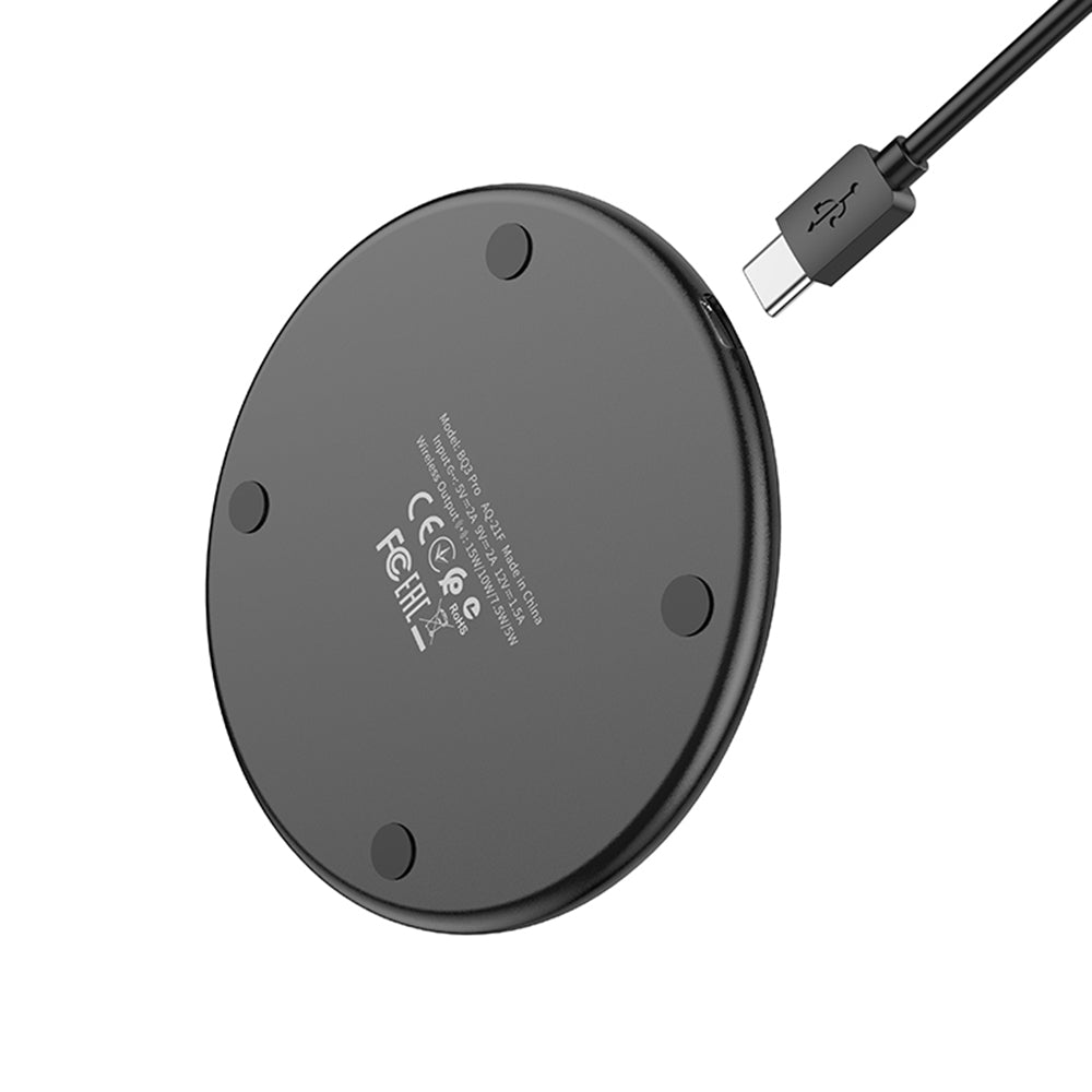 Borofone - Wireless Charger Pro (BQ3) - Type-C Cable Included, 15W, Fast Charging, Aluminum Alloy, Edge Light Design - Black