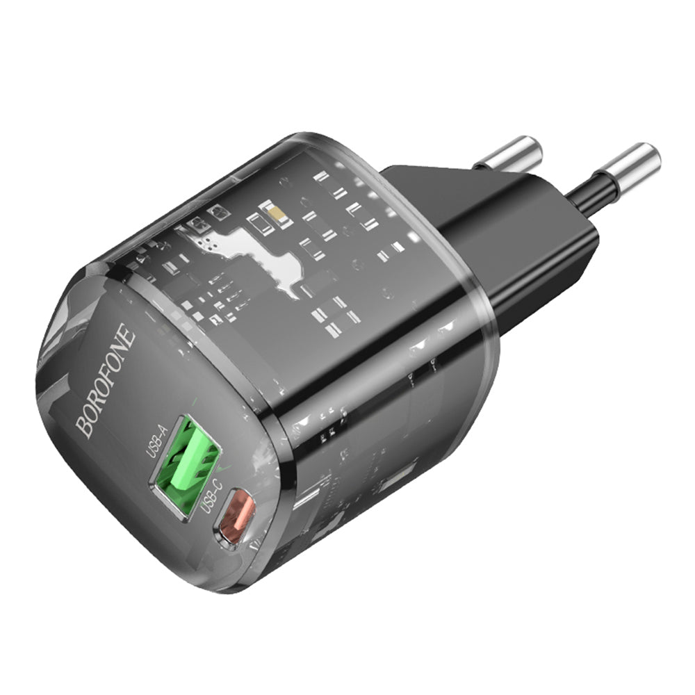 Borofone - Wall Charger Sunlight (BN17) - Dual Port, USB-C + USB-A, 5V/3A, PD20W, QC3.0 - Transparent/Black