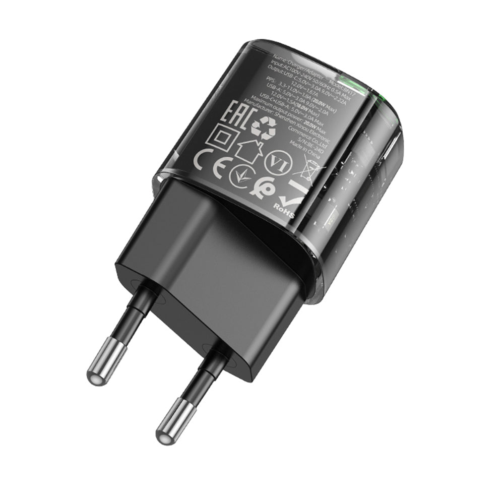 Borofone - Wall Charger Sunlight (BN17) - Dual Port, USB-C + USB-A, 5V/3A, PD20W, QC3.0 - Transparent/Black