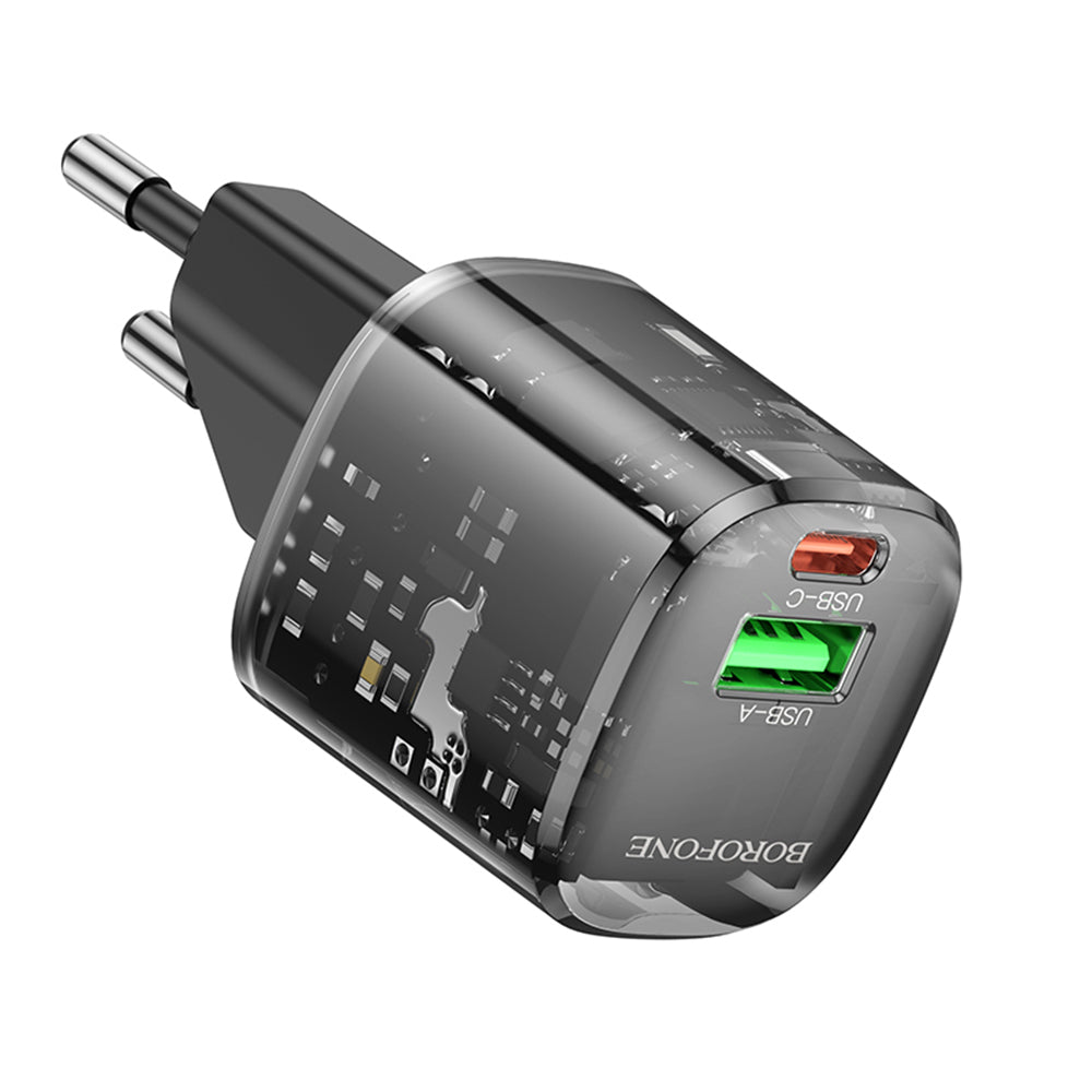 Borofone - Wall Charger Sunlight (BN17) - Dual Port, USB-C + USB-A, 5V/3A, PD20W, QC3.0 - Transparent/Black