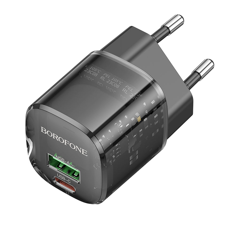 Borofone - Wall Charger Sunlight (BN17) - Dual Port, USB-C + USB-A, 5V/3A, PD20W, QC3.0 - Transparent/Black
