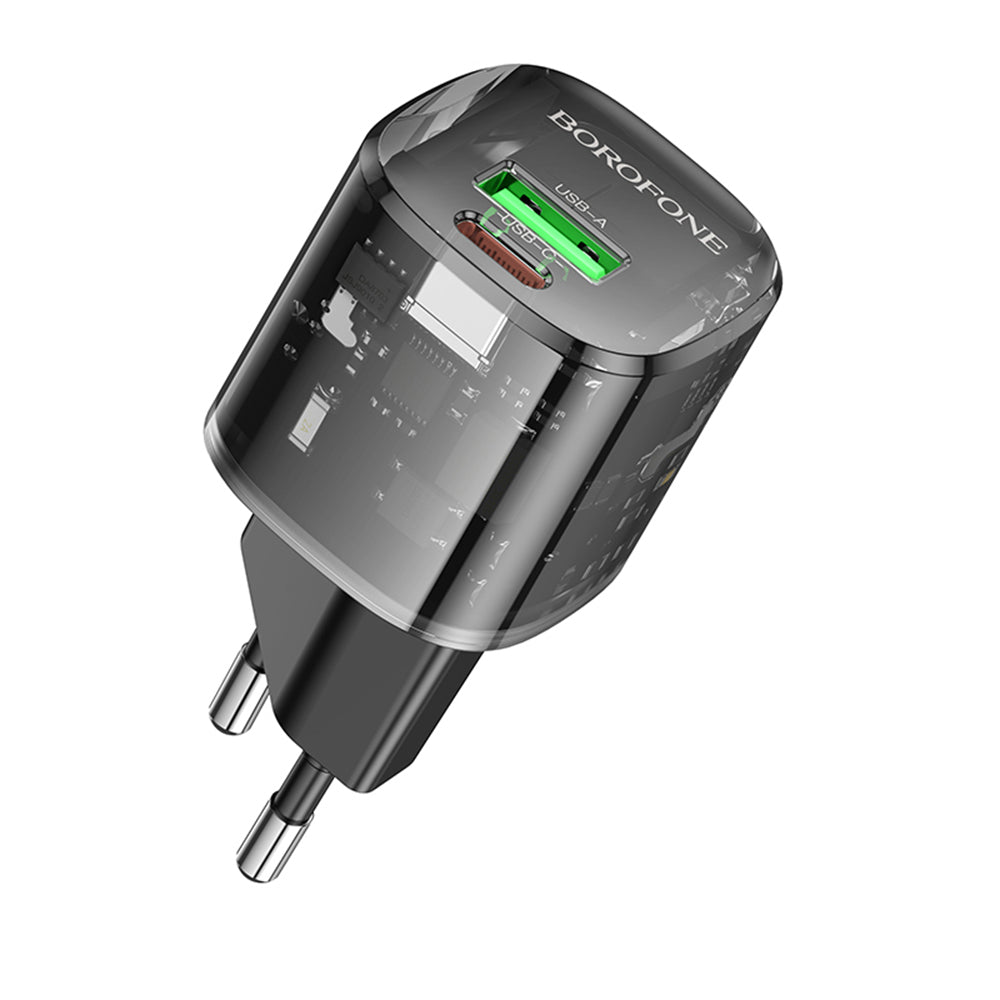 Borofone - Wall Charger Sunlight (BN17) - Dual Port, USB-C + USB-A, 5V/3A, PD20W, QC3.0 - Transparent/Black