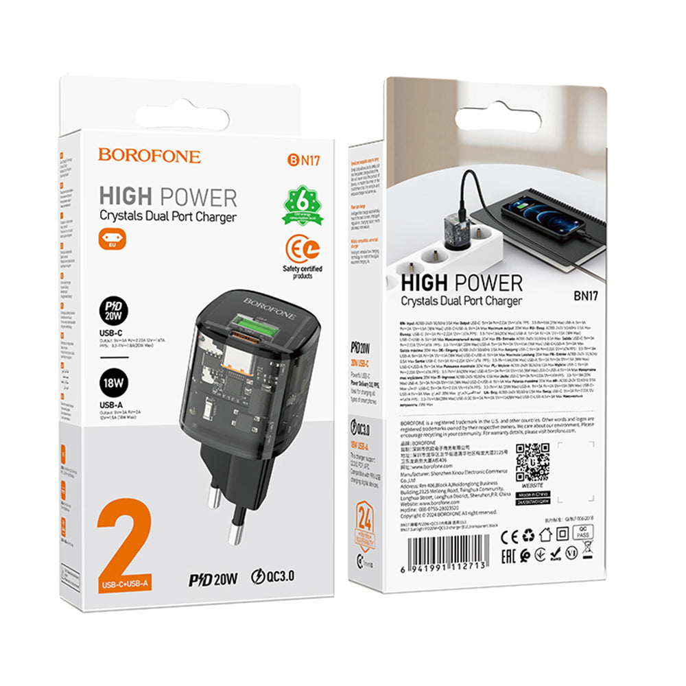 Borofone - Wall Charger Sunlight (BN17) - Dual Port, USB-C + USB-A, 5V/3A, PD20W, QC3.0 - Transparent/Black