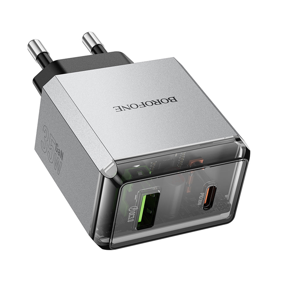 Borofone - Wall Charger Lena (BN20) - Dual Port, USB-C + USB-A, PD35W, QC3.0, Flame-Retardant PC, 5V/3A - Metal Gray