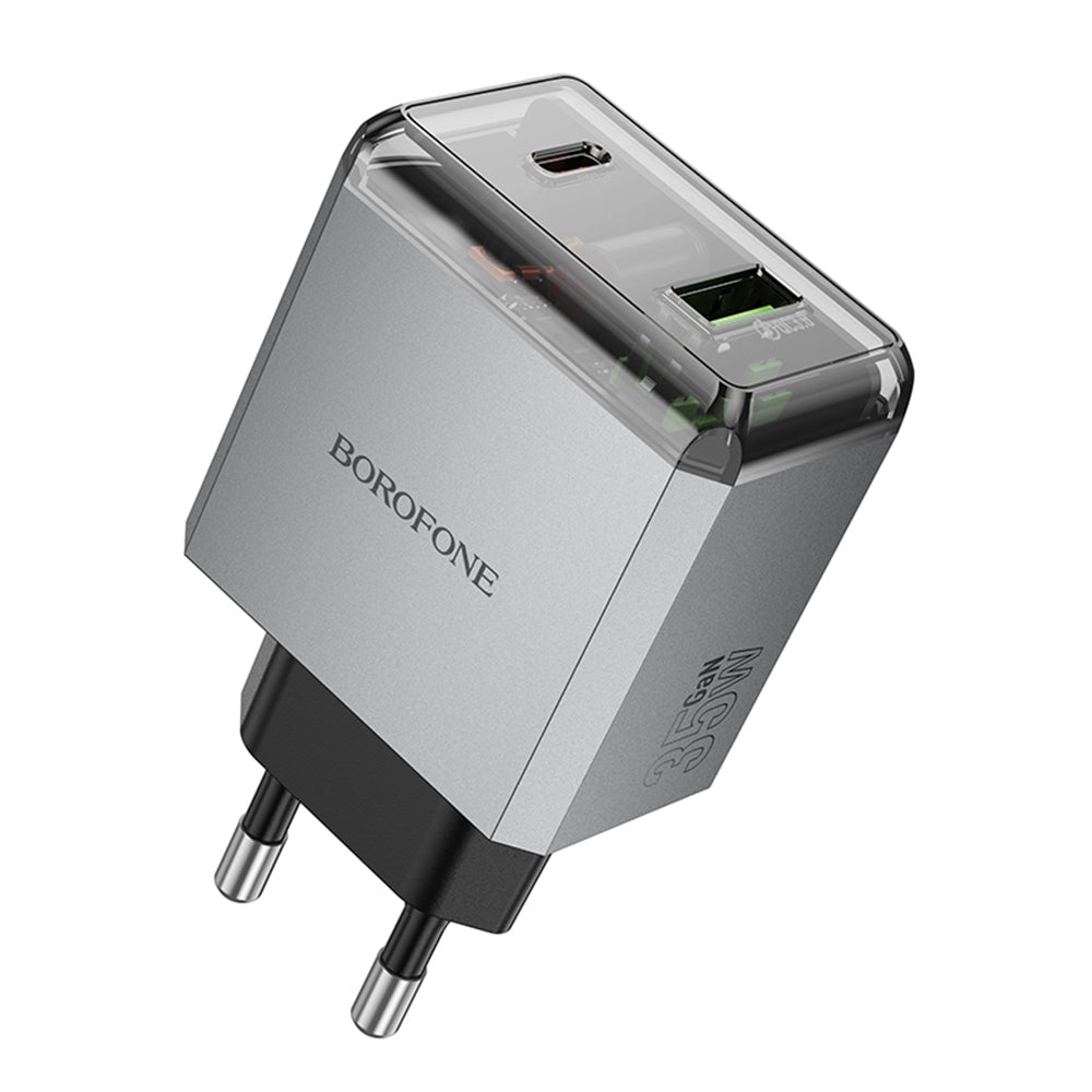 Borofone - Wall Charger Lena (BN20) - Dual Port, USB-C + USB-A, PD35W, QC3.0, Flame-Retardant PC, 5V/3A - Metal Gray