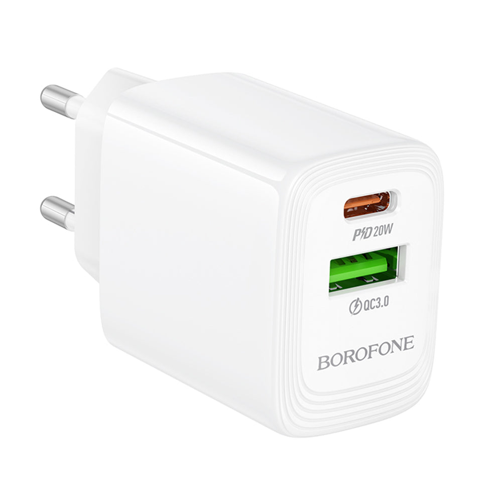 Borofone - Wall Charger Fuente (BN27) - Dual Port, USB + USB-C, PD20W, QC3.0, GaN Technology - White