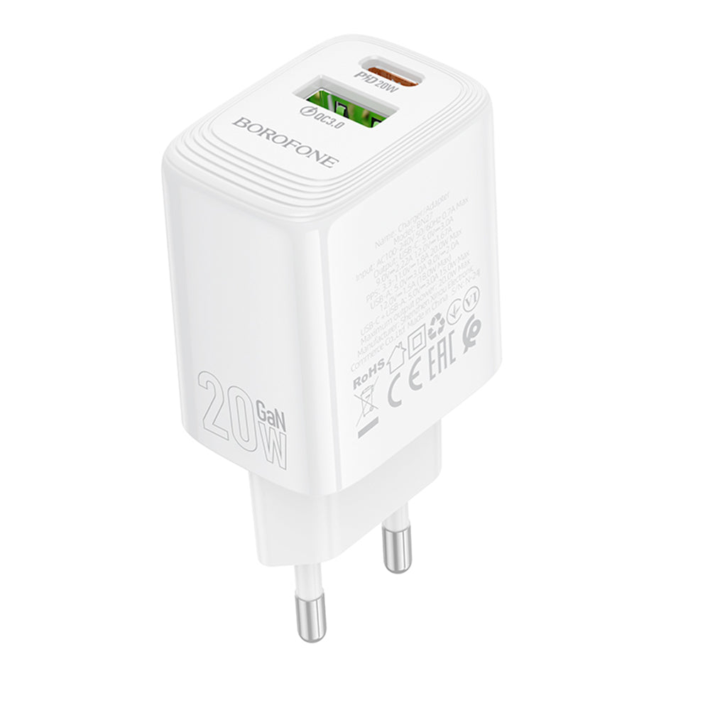 Borofone - Wall Charger Fuente (BN27) - Dual Port, USB + USB-C, PD20W, QC3.0, GaN Technology - White