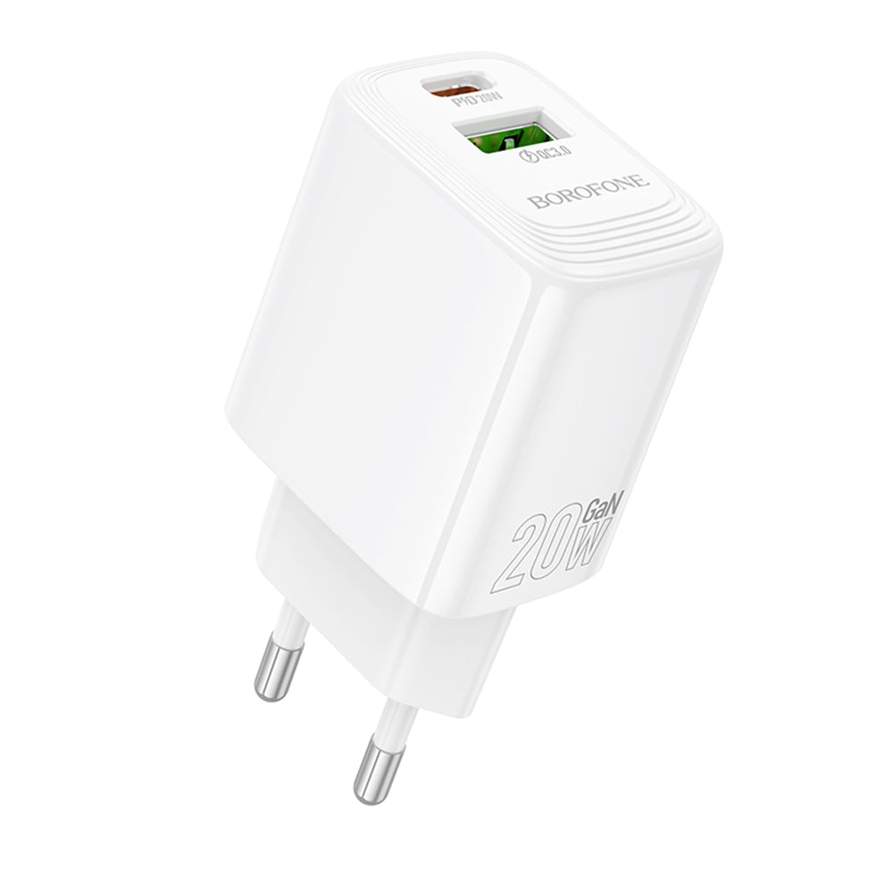 Borofone - Wall Charger Fuente (BN27) - Dual Port, USB-A + USB-C, PD20W, QC3.0, GaN Technology - White