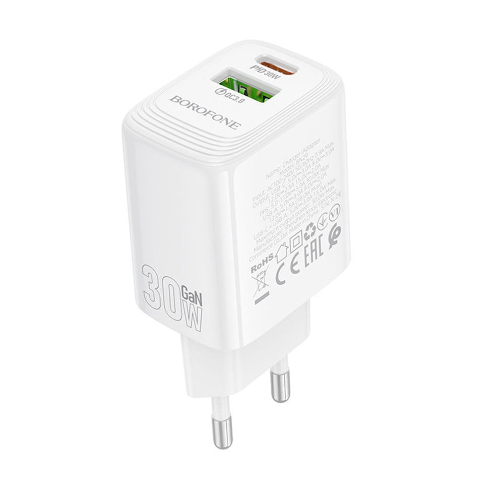 Borofone - Wall Charger Fuente (BN29) - Dual Port, USB + Type-C, PD30W, QC3.0, GaN Technology - White