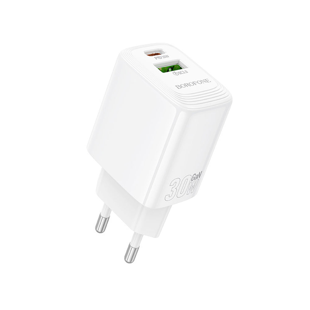 Borofone - Wall Charger Fuente (BN29) - Dual Port, USB + Type-C, PD30W, QC3.0, GaN Technology - White