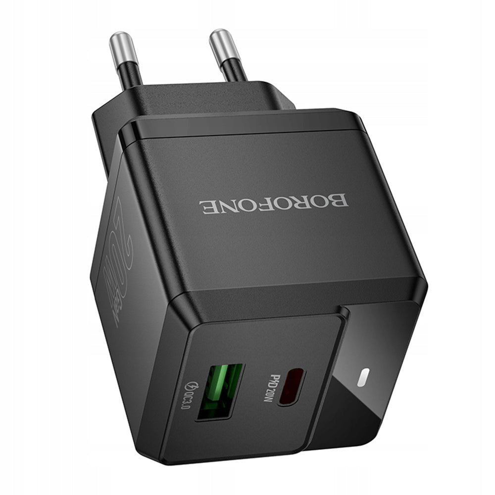 Borofone - Wall Charger Intenso (BN19) - Dual Port, USB + Type-C, PD20W, QC3.0, 5V/3A - Black