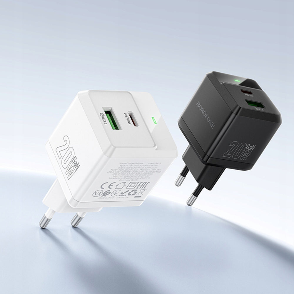 Borofone - Wall Charger Intenso (BN19) - Dual Port, USB + Type-C, PD20W, QC3.0, 5V/3A - Black