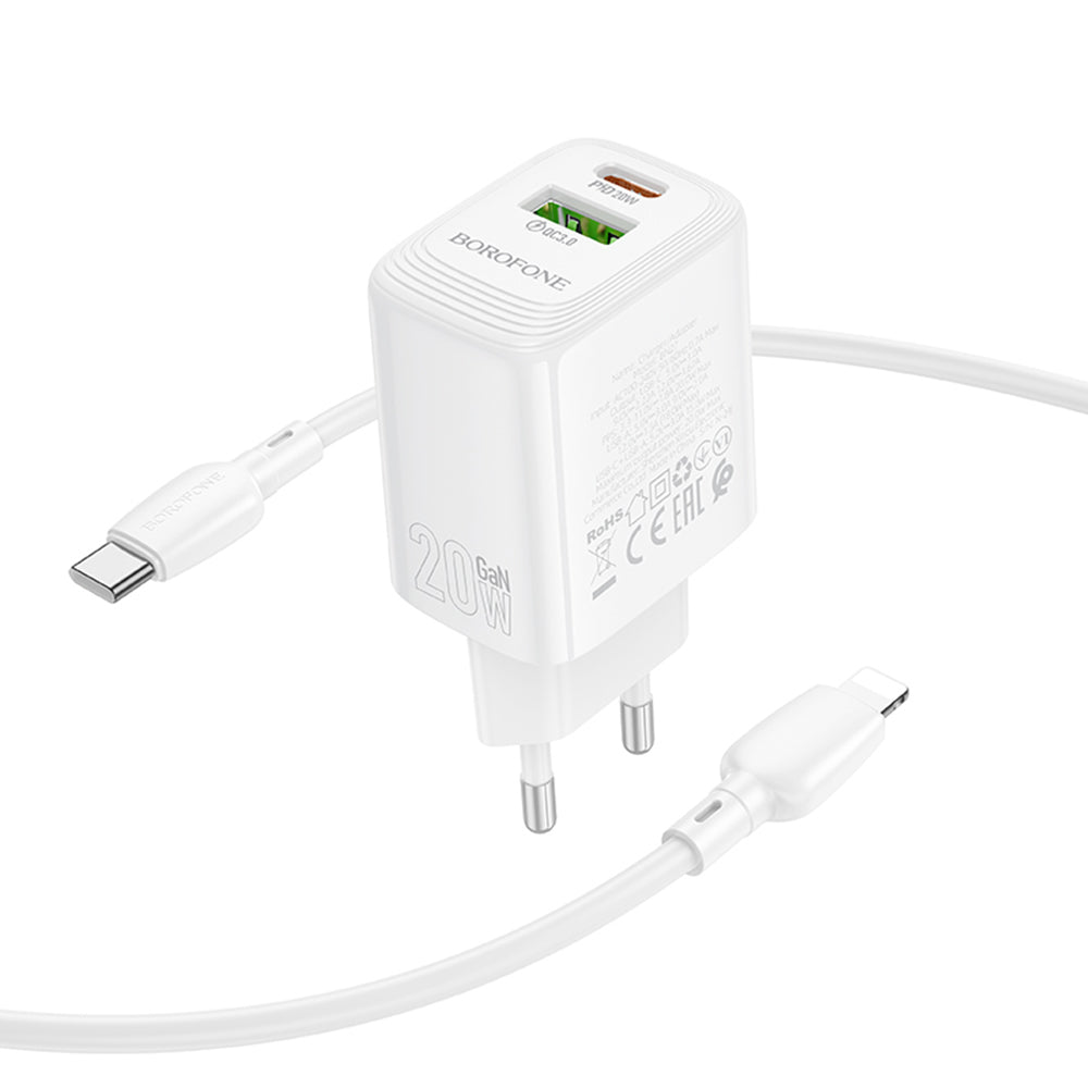 Borofone - Wall Charger Fuente (BN27) - USB-C to Lightning Cable, USB + USB-C, PD20W, QC3.0, GaN Technology - White
