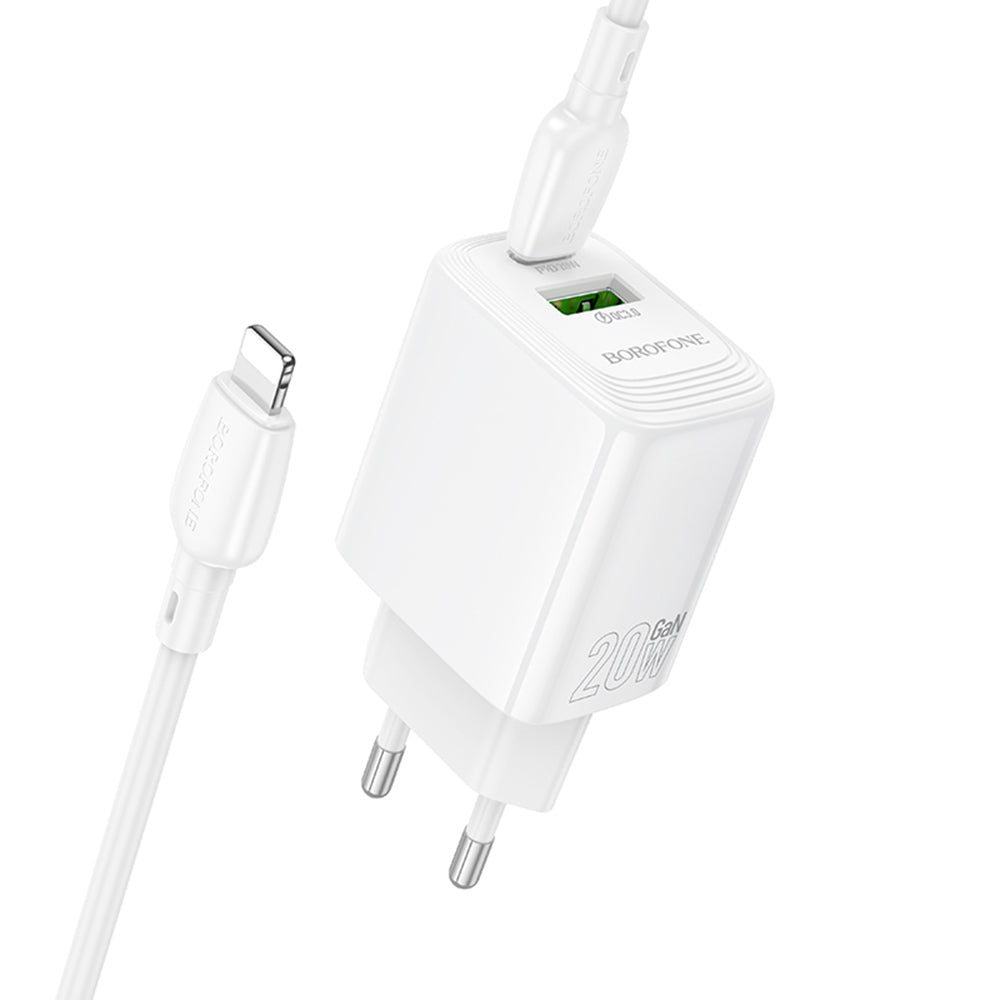 Borofone - Wall Charger Fuente (BN27) - USB-C to Lightning Cable, USB + USB-C, PD20W, QC3.0, GaN Technology - White