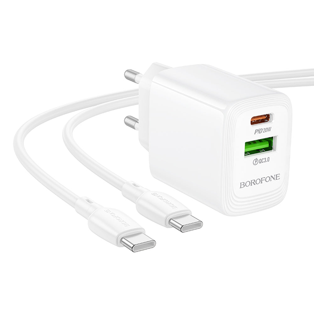 Borofone - Wall Charger Fuente (BN27) - USB-C Cable Included, USB + USB-C, PD20W, QC3.0, GaN Technology - White