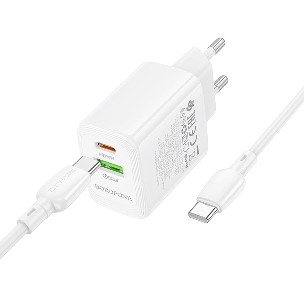 Borofone - Wall Charger Fuente (BN27) - USB-C Cable Included, USB + USB-C, PD20W, QC3.0, GaN Technology - White