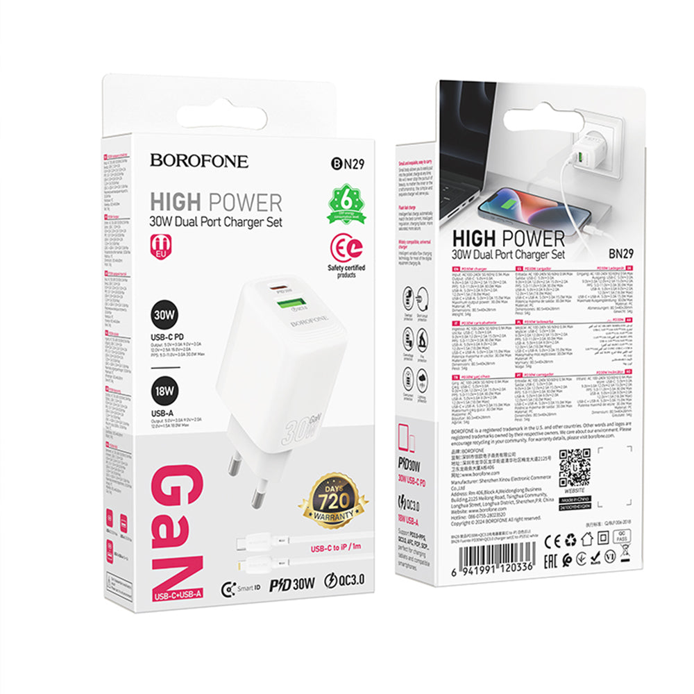 Borofone - Wall Charger Fuente (BN29) - Type-C to Lightning Cable Included, USB + Type-C, PD30W, QC3.0, GaN Technology - White