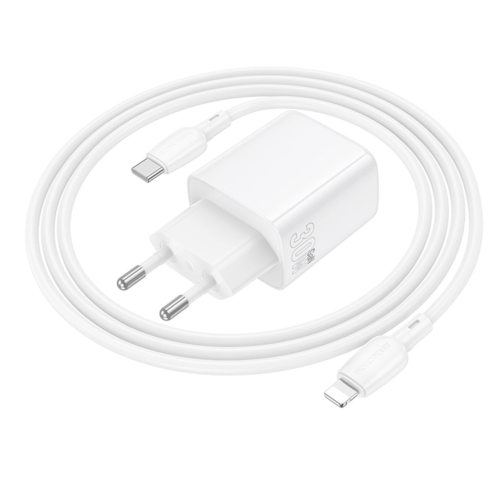 Borofone - Wall Charger Fuente (BN29) - Type-C to Lightning Cable Included, USB + Type-C, PD30W, QC3.0, GaN Technology - White