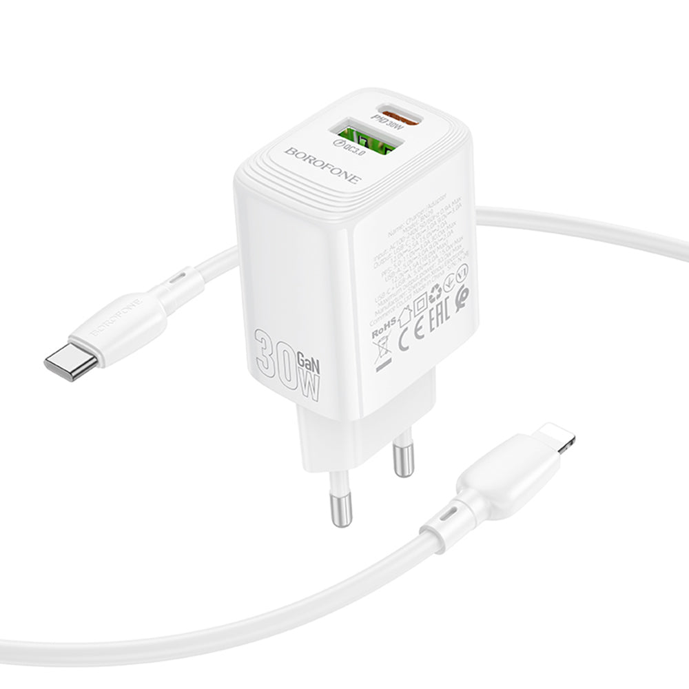 Borofone - Wall Charger Fuente (BN29) - Type-C to Lightning Cable Included, USB + Type-C, PD30W, QC3.0, GaN Technology - White