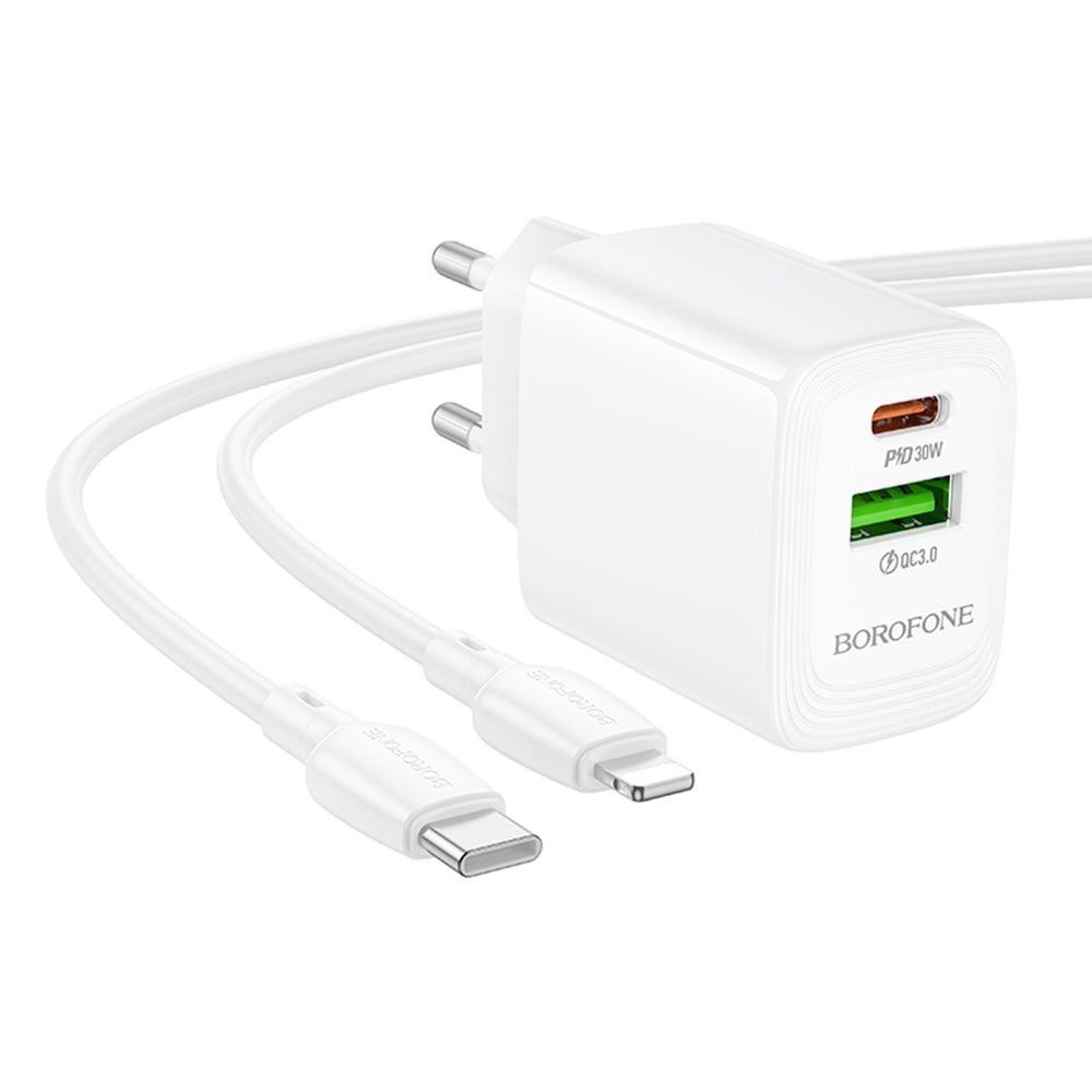 Borofone - Wall Charger Fuente (BN29) - Type-C to Lightning Cable Included, USB + Type-C, PD30W, QC3.0, GaN Technology - White