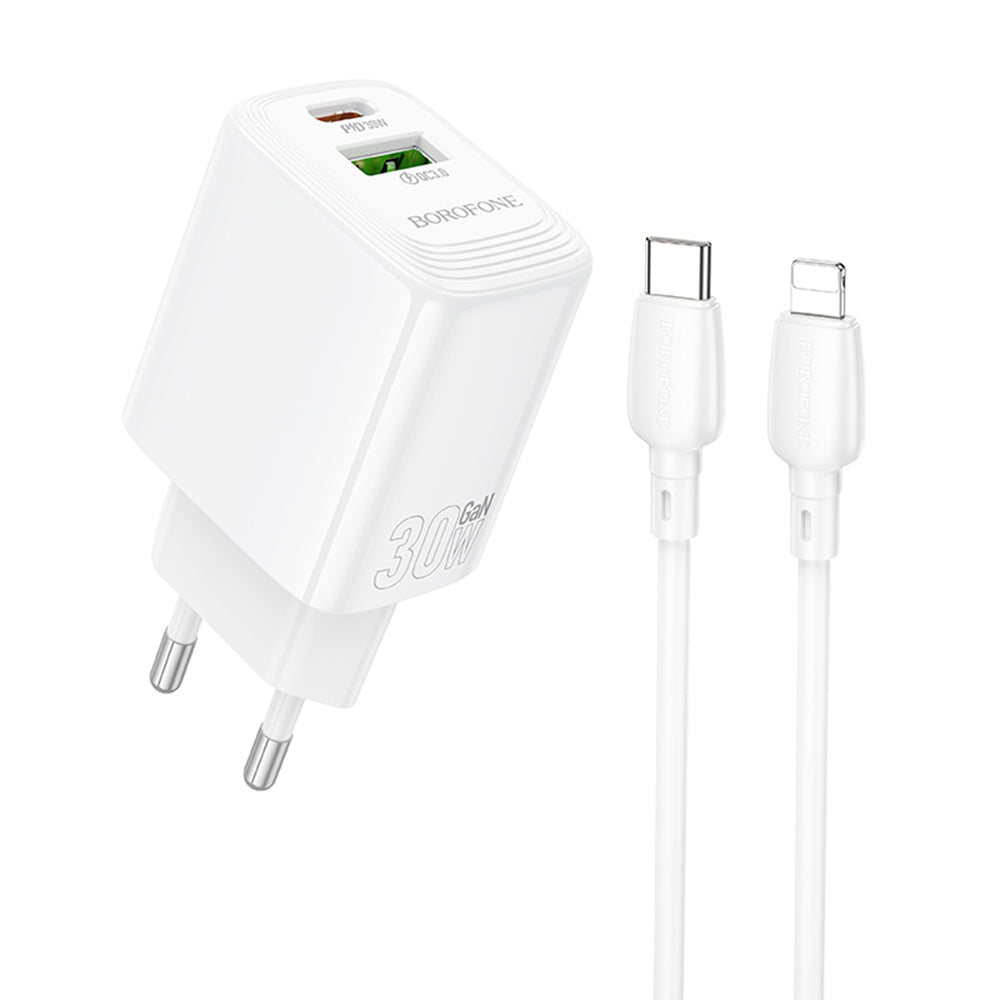 Borofone - Wall Charger Fuente (BN29) - Type-C to Lightning Cable Included, USB + Type-C, PD30W, QC3.0, GaN Technology - White
