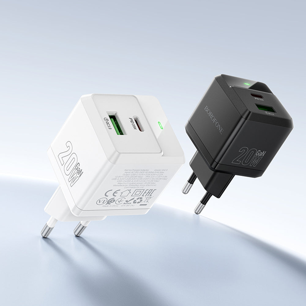Borofone - Wall Charger Intenso (BN19) - Type-C to Lightning Cable, Dual Port, USB + Type-C, PD20W, QC3.0, 5V/3A - White