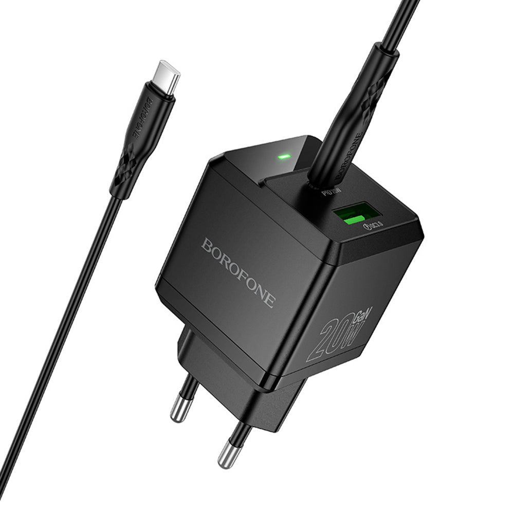 Borofone - Wall Charger Intenso (BN19) - Type-C Cable Included, Dual Port, USB + Type-C, PD20W, QC3.0, 5V/3A - Black