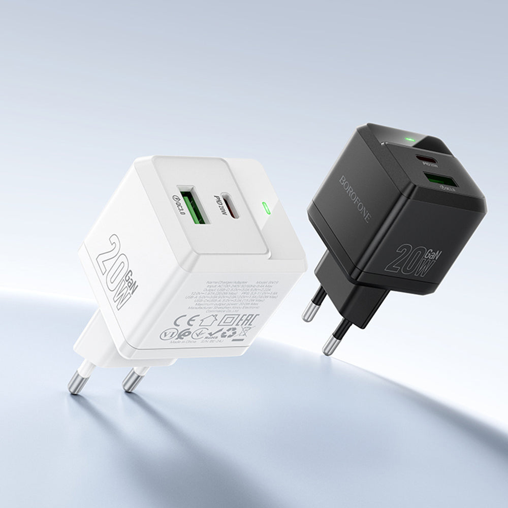 Borofone - Wall Charger Intenso (BN19) - Type-C Cable Included, Dual Port, USB + Type-C, PD20W, QC3.0, 5V/3A - Black
