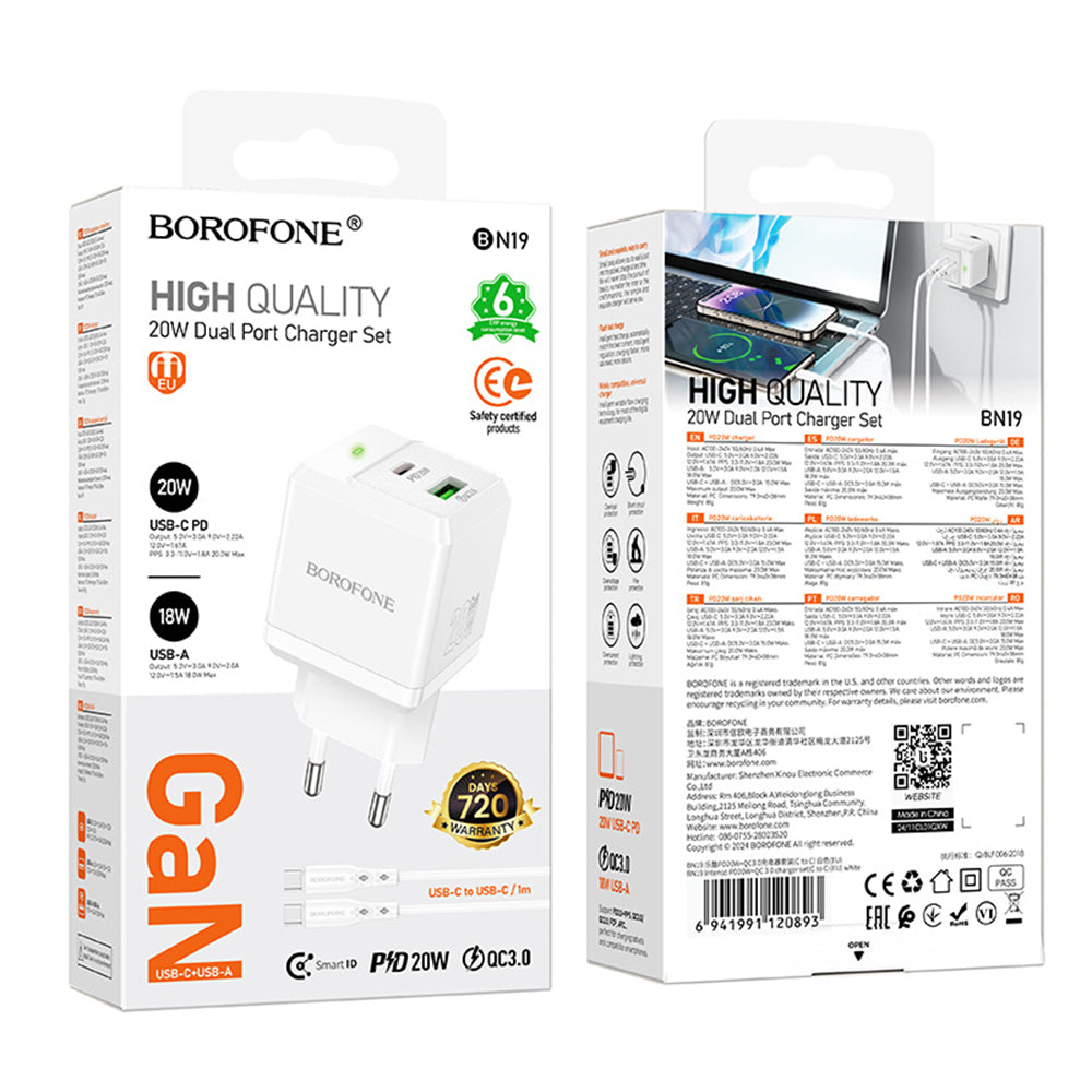 Borofone - Wall Charger Intenso (BN19) - Type-C Cable Included, Dual Port, USB + Type-C, PD20W, QC3.0, 5V/3A - White