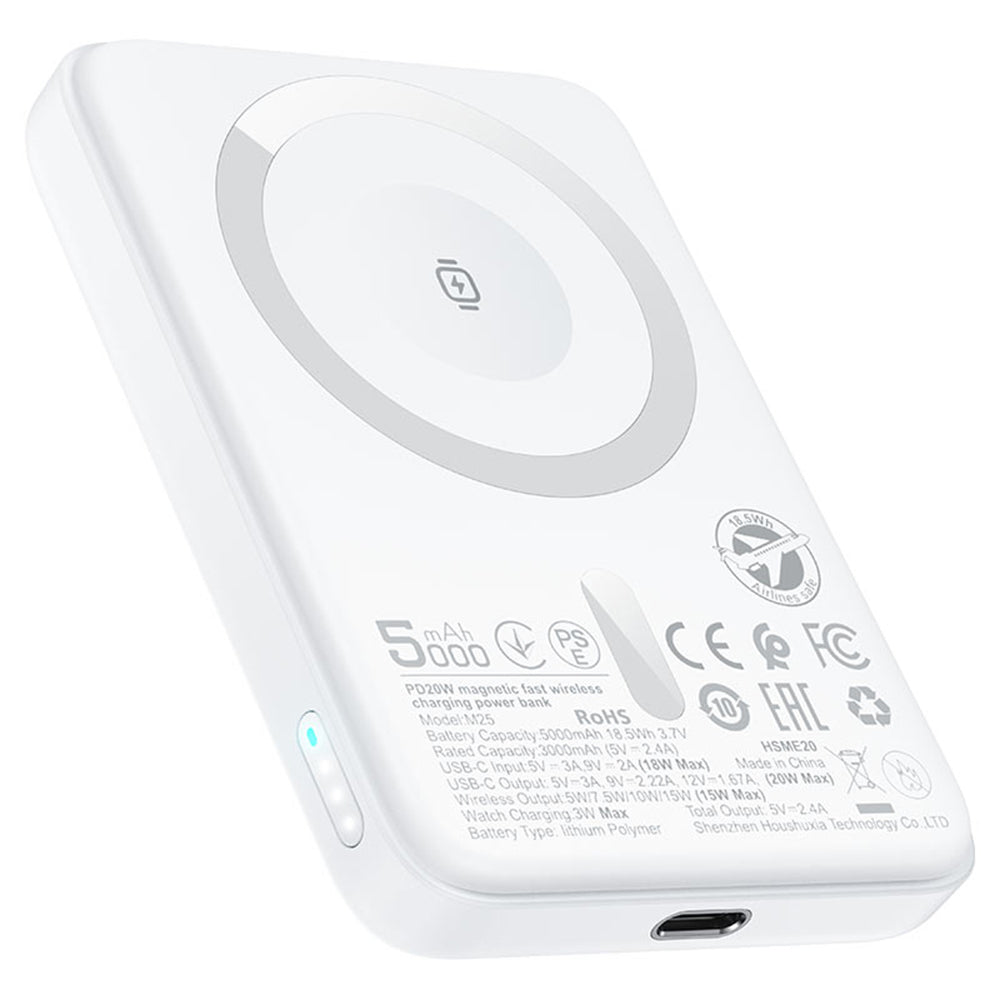 Acefast - Magnetic Wireless Power Bank (M25-5000) - MagSafe, Fast Charge, USB-C, 5000mAh, 20W, 5V/2.4A, LED Indicator - White